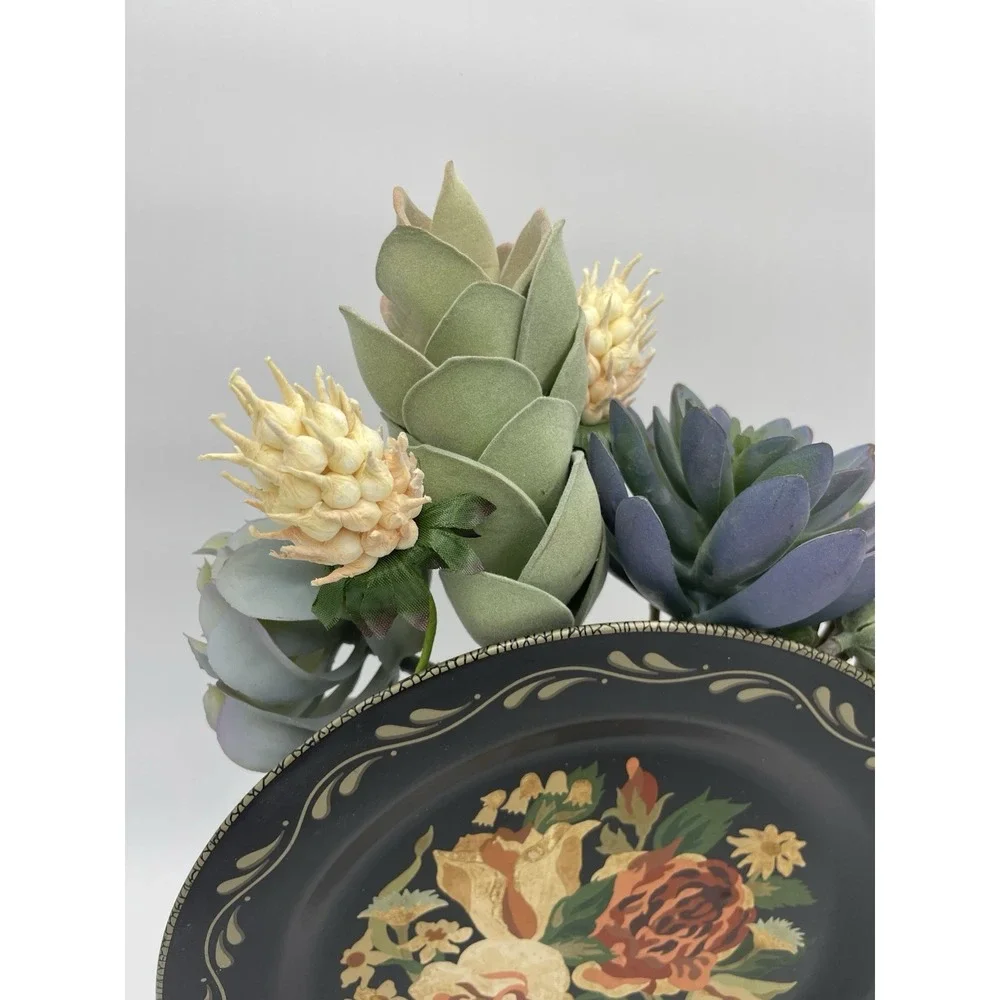 Vintage Toleware Plate Black Wall Pocket Hand Paint‎ Roses w/Succulent Florals